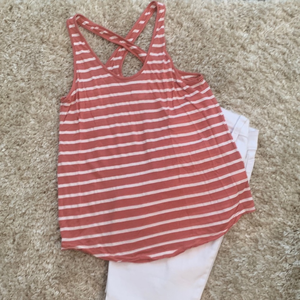 Pink and white striped crossover tank top
